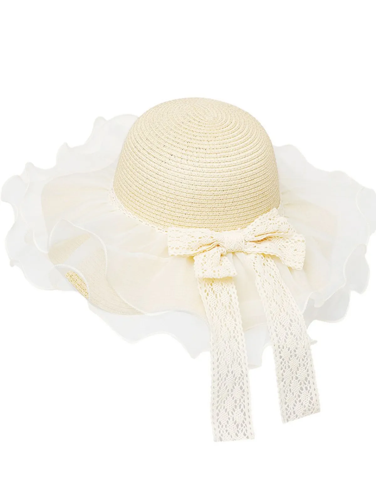 Fashion Retro Stage Vintage Lace Bow Sheer Ruffle Brim Sun Hat
