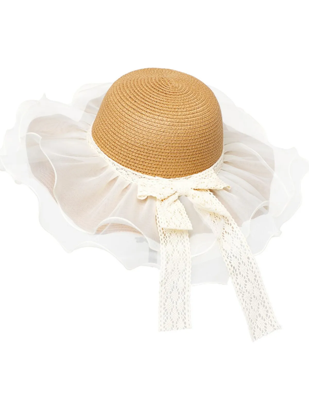 Sale Retro Stage Vintage Lace Bow Sheer Ruffle Brim Sun Hat