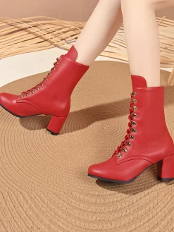 Outlet Retro Stage Vintage Lace-Up Ankle Chunky Heel Boots