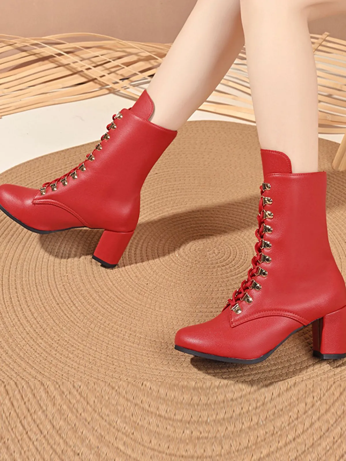 Outlet Retro Stage Vintage Lace-Up Ankle Chunky Heel Boots
