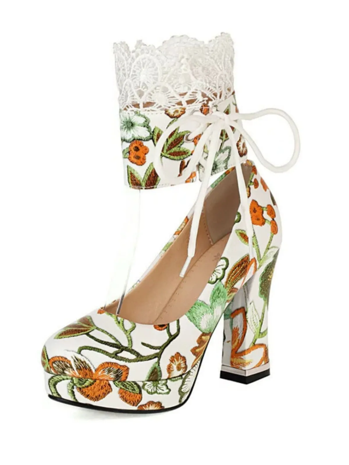 Best Retro Stage Vintage Lace-Up Embroidered Floral High Heels