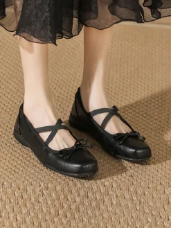New Retro Stage Vintage Leather Bow Ballet Style Shoes