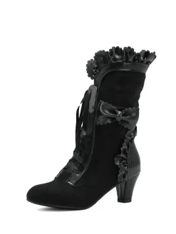 Discount Retro Stage Vintage Leather Petal Edge Lace-Up Boots