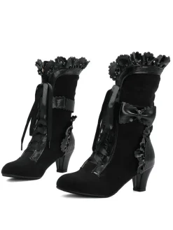 Discount Retro Stage Vintage Leather Petal Edge Lace-Up Boots