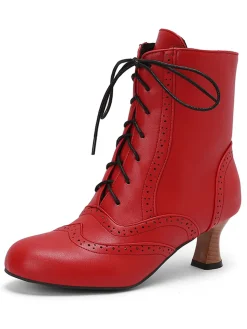 Online Retro Stage Vintage Leather Solid Kitten Heel Boots