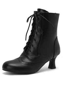 Online Retro Stage Vintage Leather Solid Kitten Heel Boots