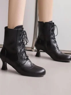 Online Retro Stage Vintage Leather Solid Kitten Heel Boots