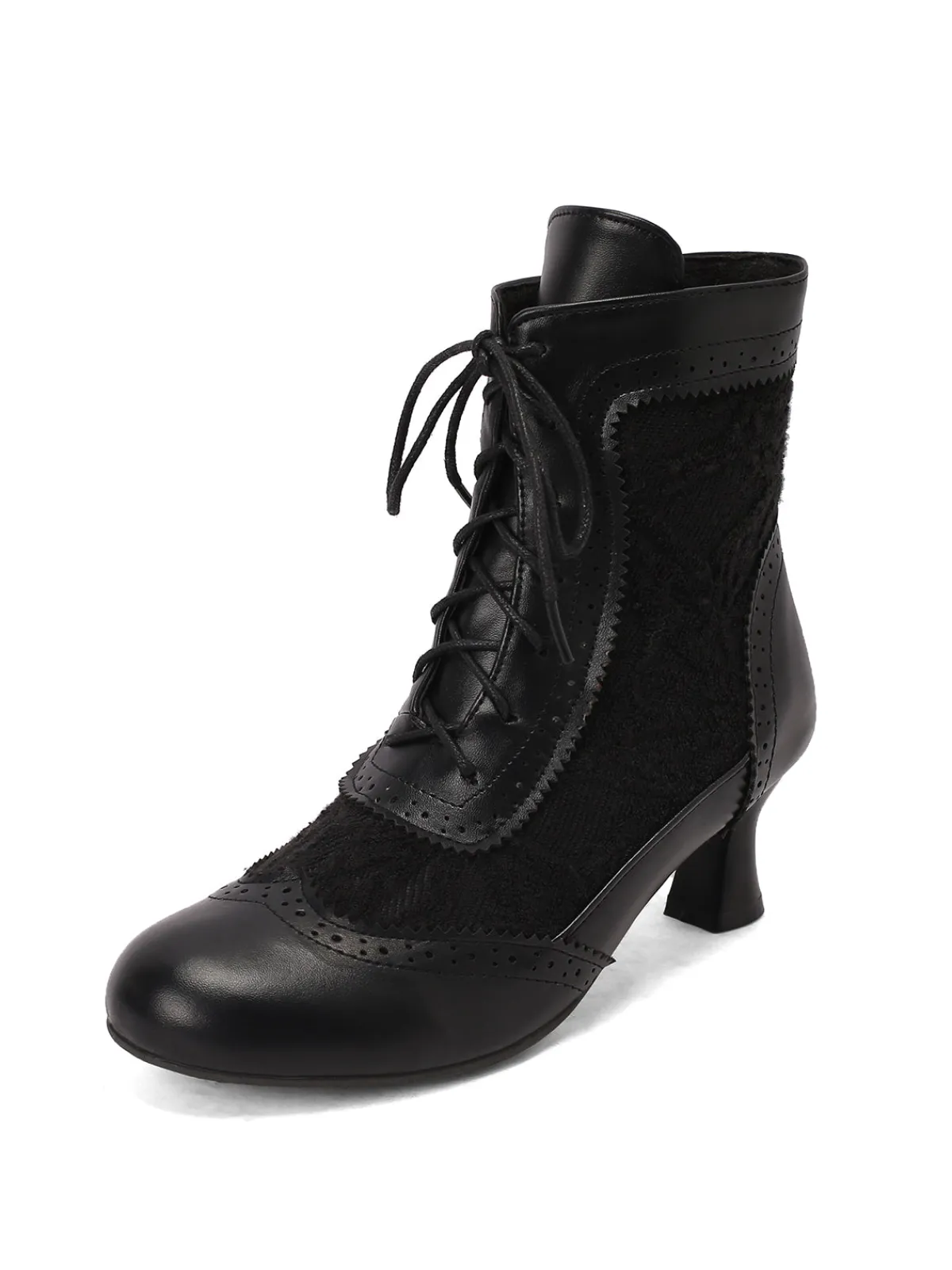 Fashion Retro Stage Vintage Leather Solid Lace Heel Boots