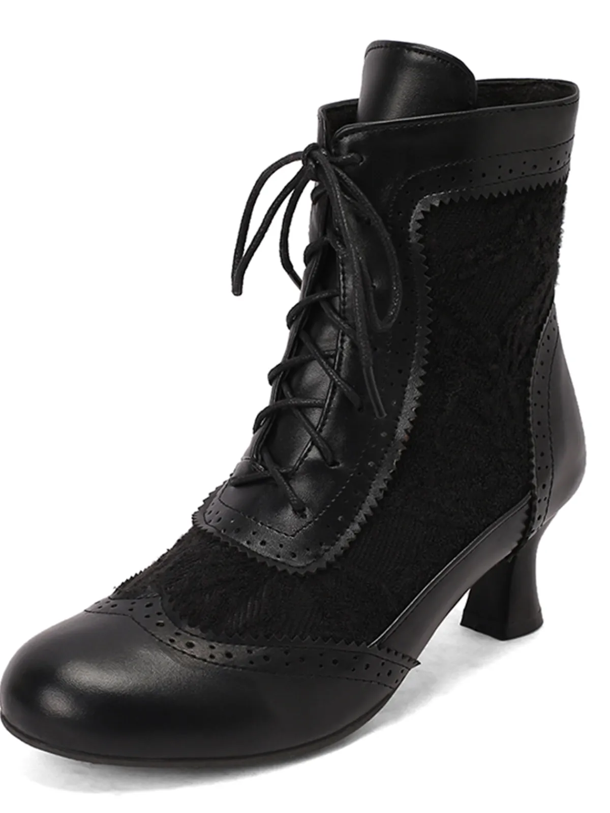 Fashion Retro Stage Vintage Leather Solid Lace Heel Boots