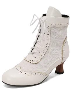 Fashion Retro Stage Vintage Leather Solid Lace Heel Boots