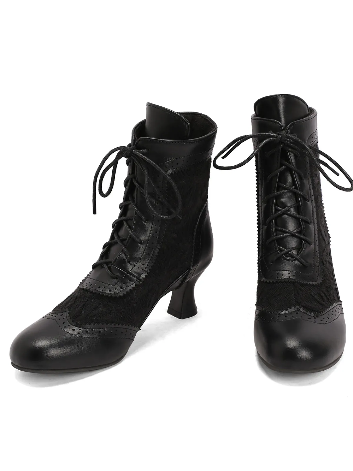 Fashion Retro Stage Vintage Leather Solid Lace Heel Boots