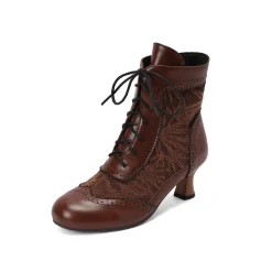 Fashion Retro Stage Vintage Leather Solid Lace Heel Boots