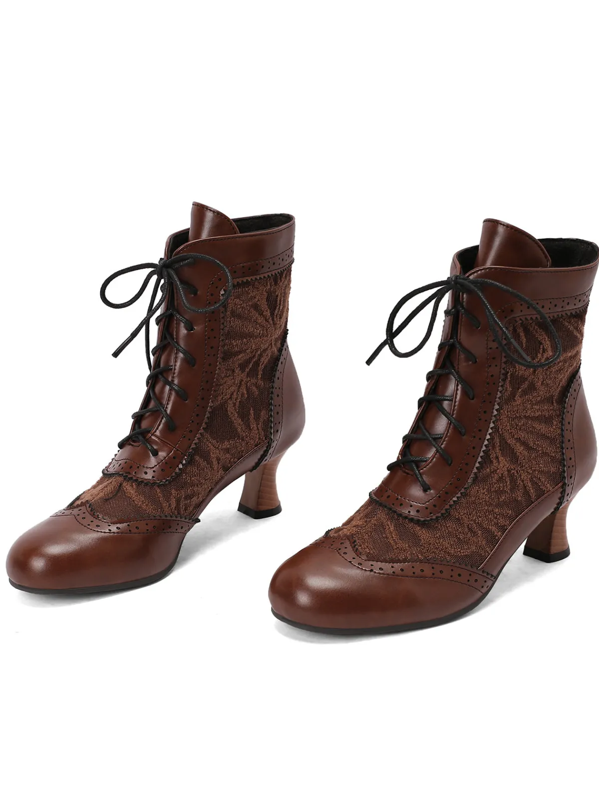 Fashion Retro Stage Vintage Leather Solid Lace Heel Boots