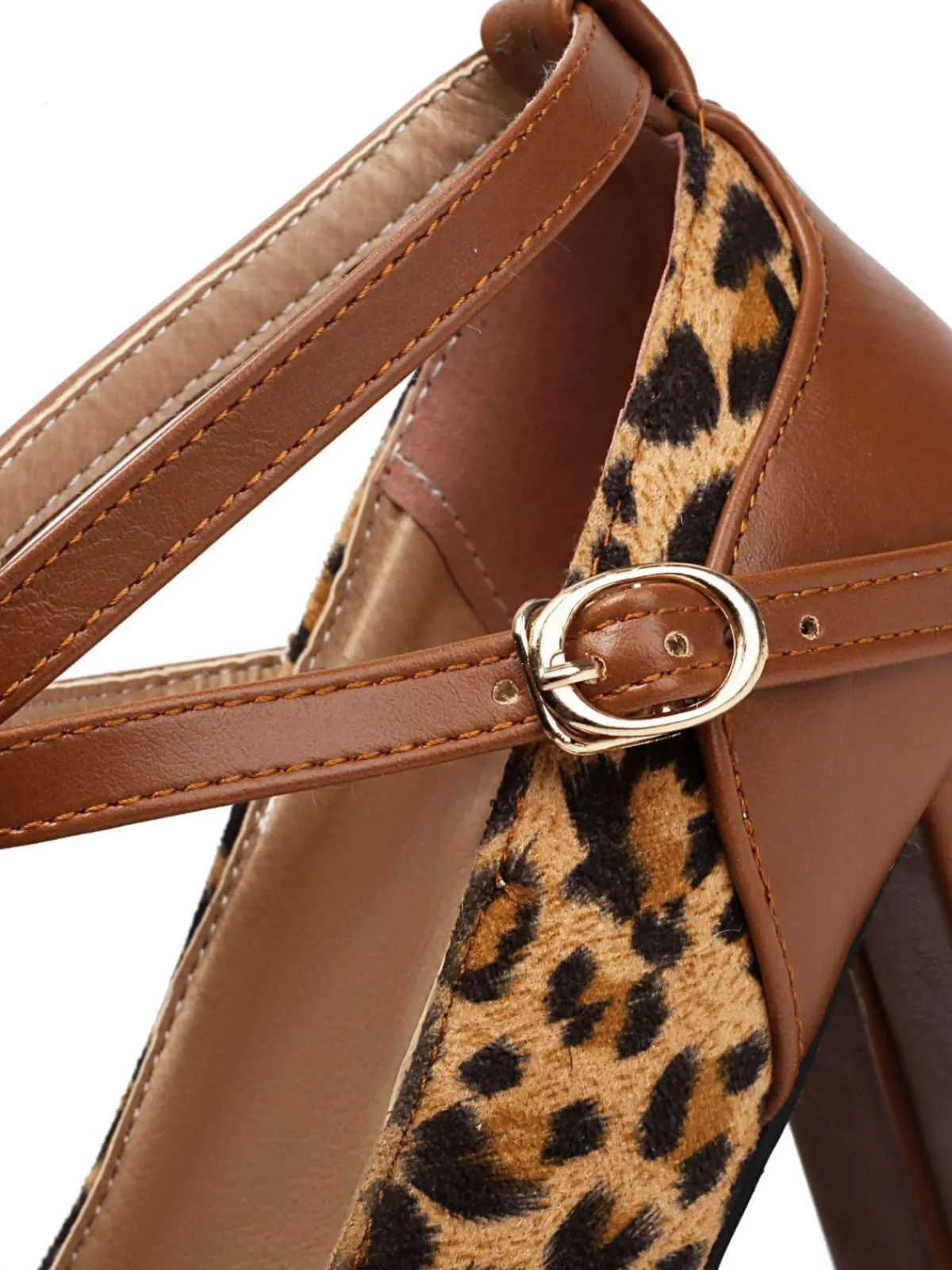 Fashion Retro Stage Vintage Leopard Criss-Cross Buckle Chunky Heels