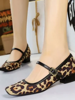 Outlet Retro Stage Vintage Leopard Square-Toe Mary Jane Heels