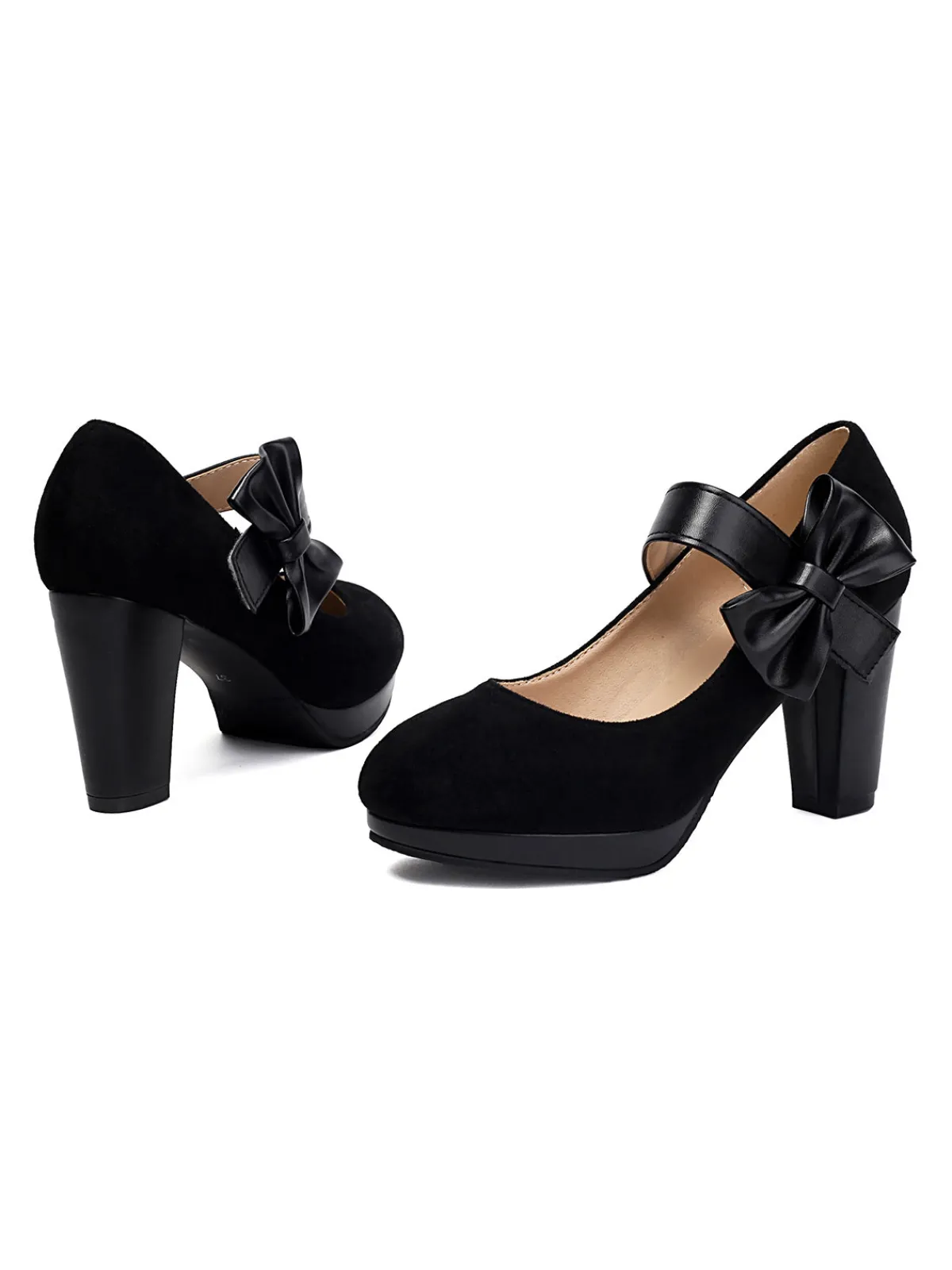 Online Retro Stage Vintage Mary Jane Bow Chunky Heel Shoes