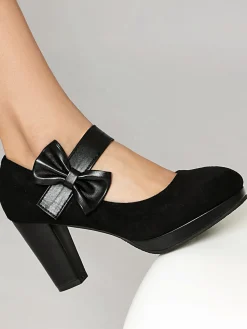 Online Retro Stage Vintage Mary Jane Bow Chunky Heel Shoes