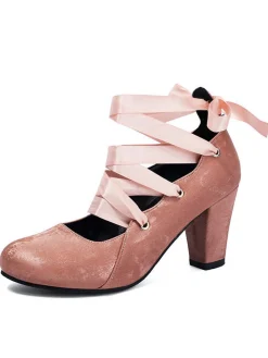 Discount Retro Stage Vintage Mary Jane Ribbon Wrap Up Chunky Heels