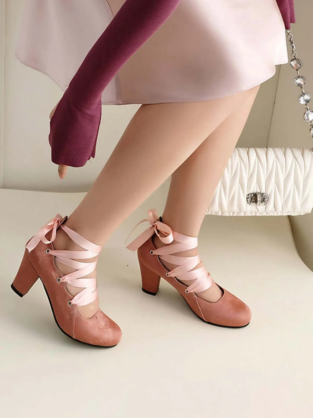 Discount Retro Stage Vintage Mary Jane Ribbon Wrap Up Chunky Heels