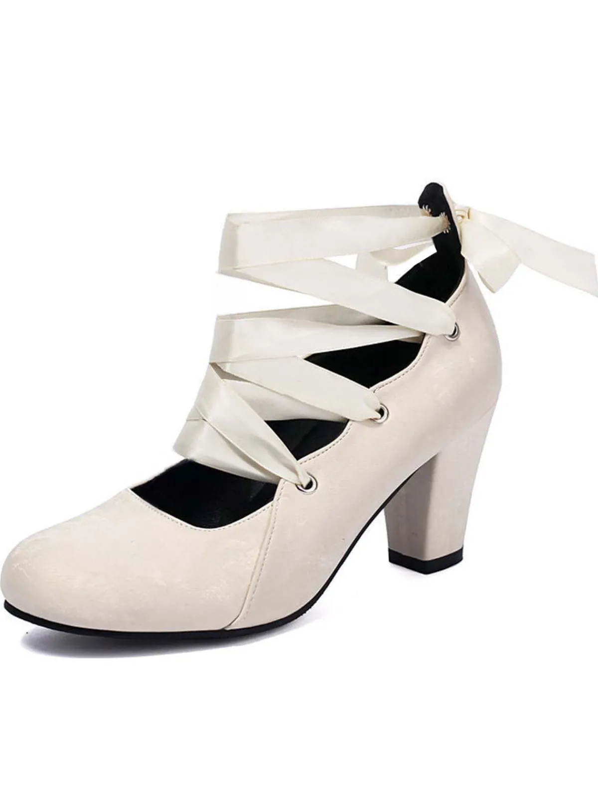 Discount Retro Stage Vintage Mary Jane Ribbon Wrap Up Chunky Heels
