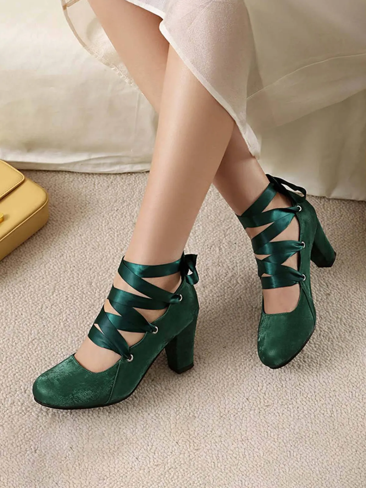 Discount Retro Stage Vintage Mary Jane Ribbon Wrap Up Chunky Heels