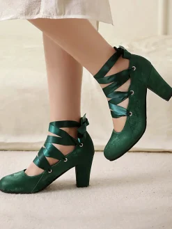 Discount Retro Stage Vintage Mary Jane Ribbon Wrap Up Chunky Heels