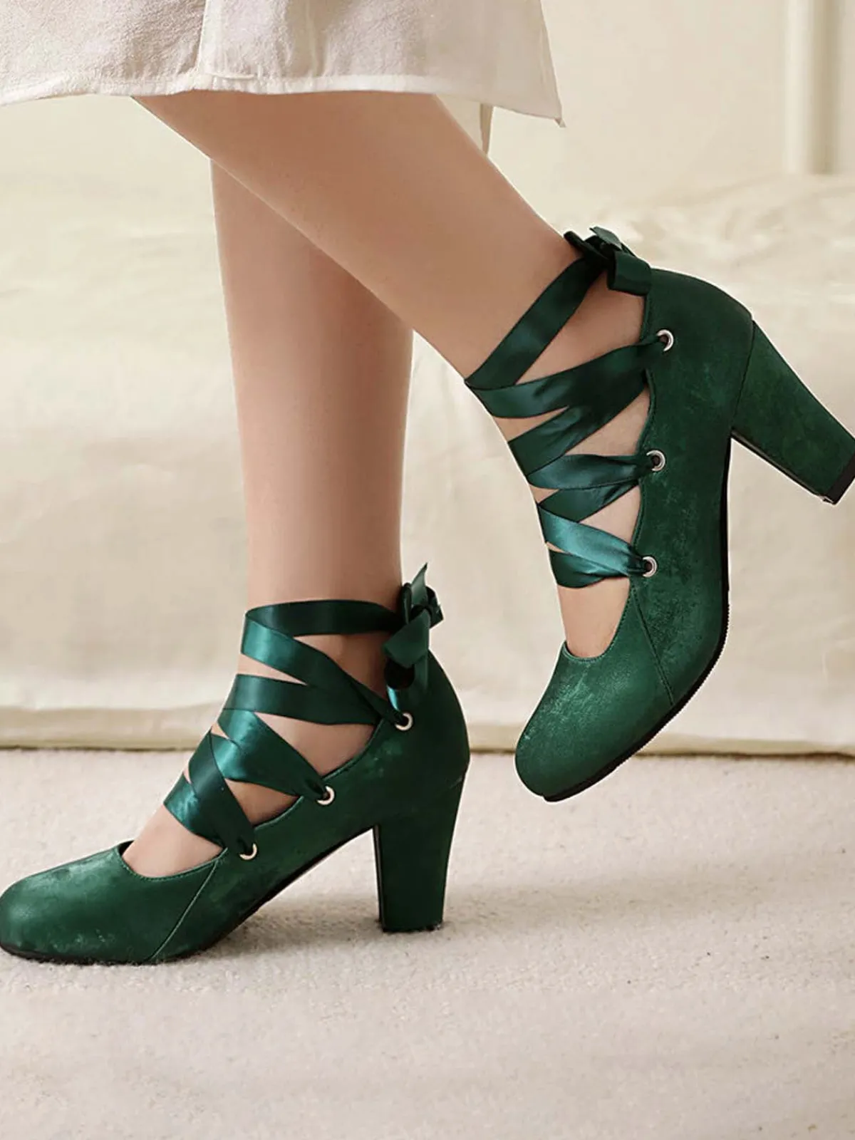 Discount Retro Stage Vintage Mary Jane Ribbon Wrap Up Chunky Heels