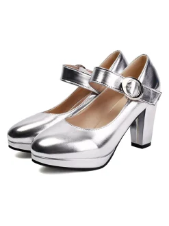 Discount Retro Stage Vintage Metallic Color PU Leather Chunky Heels