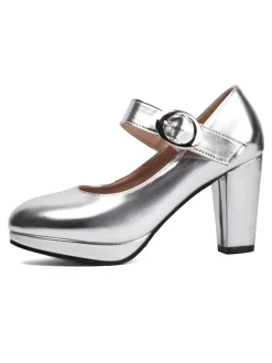 Discount Retro Stage Vintage Metallic Color PU Leather Chunky Heels