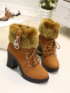 Best Retro Stage Vintage Nubuck Leather Plush Chunky Heel Boots