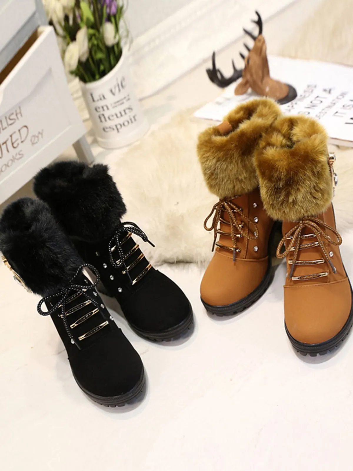 Best Retro Stage Vintage Nubuck Leather Plush Chunky Heel Boots