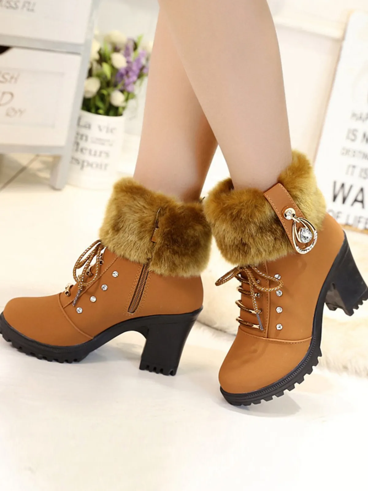Best Retro Stage Vintage Nubuck Leather Plush Chunky Heel Boots