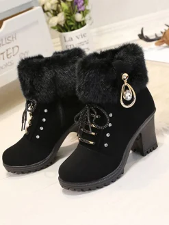 Best Retro Stage Vintage Nubuck Leather Plush Chunky Heel Boots