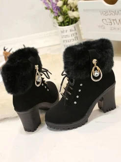 Best Retro Stage Vintage Nubuck Leather Plush Chunky Heel Boots