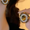 Sale Retro Stage Vintage Olive Yellow Diamond Pearl Earrings
