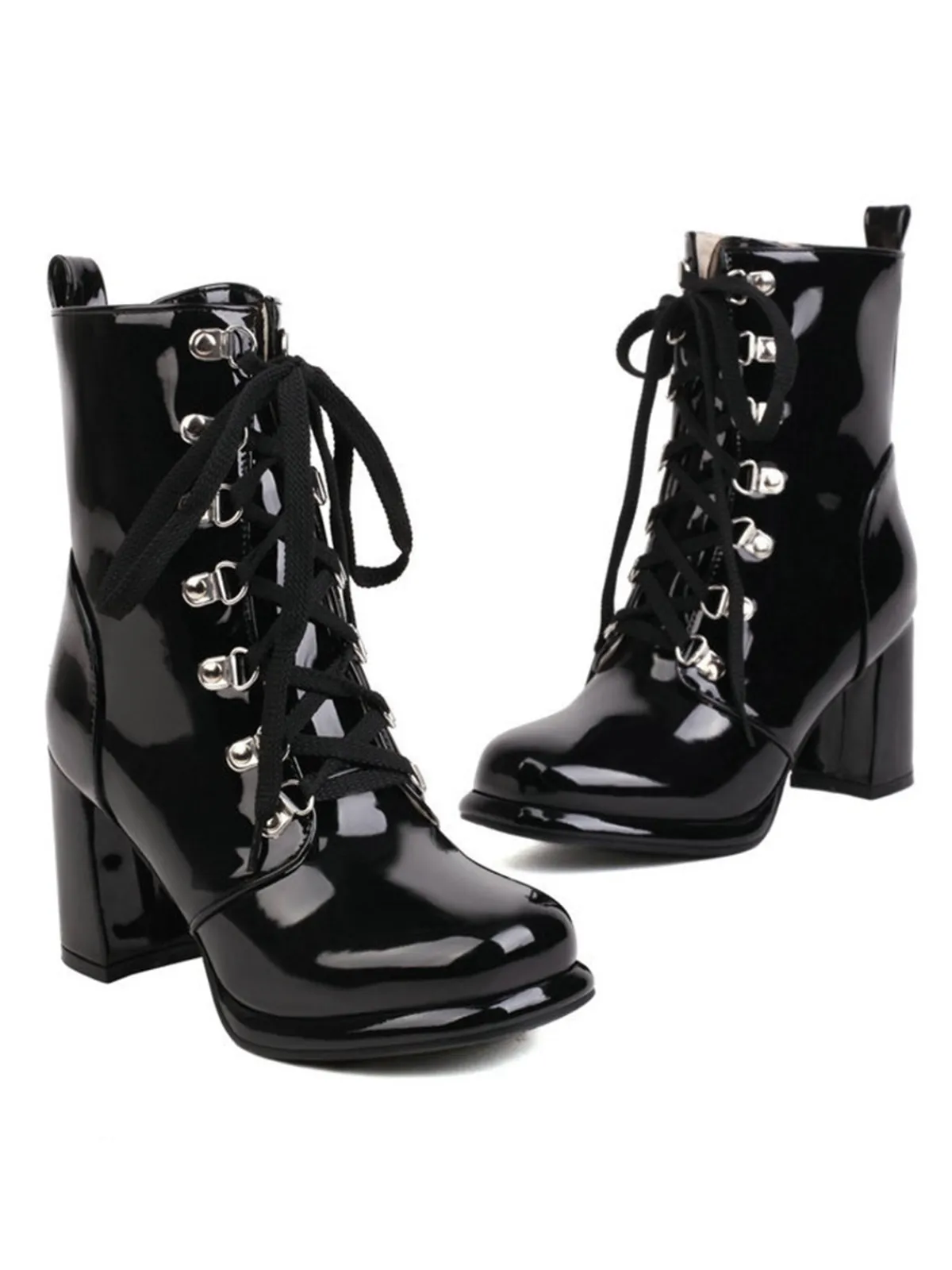 Best Retro Stage Vintage Patent Leather Lace-Up High Heel Boots