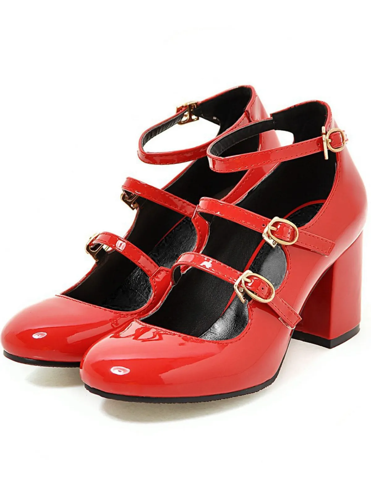 Outlet Retro Stage Vintage Patent Leather Multi Buckle High Heels