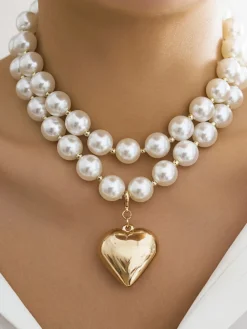 Sale Retro Stage Vintage Pearl Heart Pendant Necklace