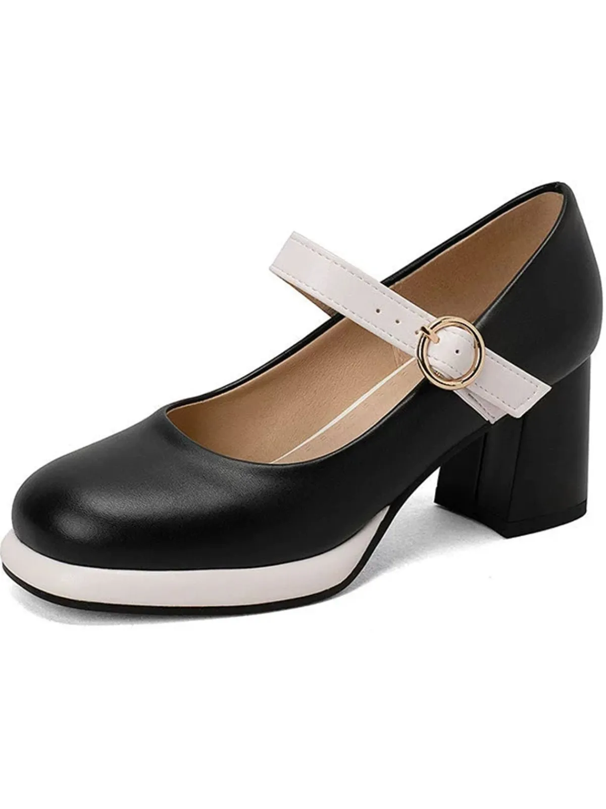 New Retro Stage Vintage PU Round Toe Mary Janes Chunky Heels