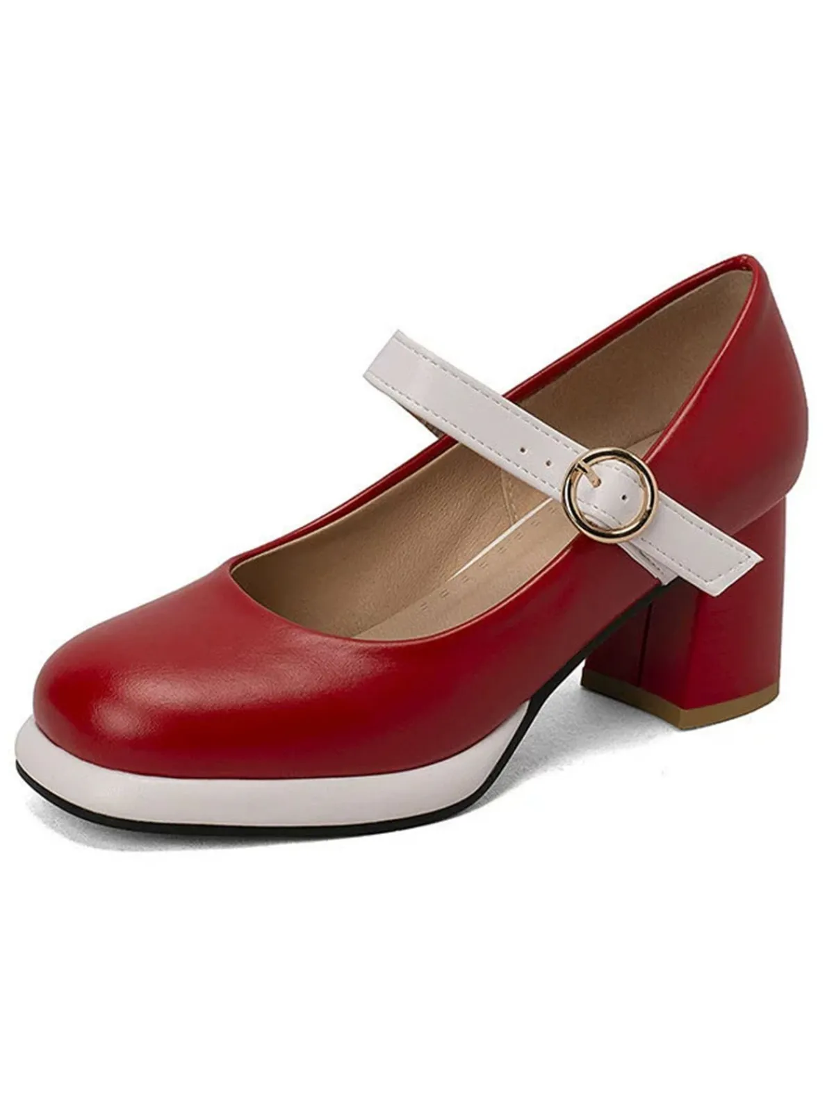 New Retro Stage Vintage PU Round Toe Mary Janes Chunky Heels
