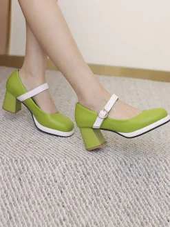 New Retro Stage Vintage PU Round Toe Mary Janes Chunky Heels