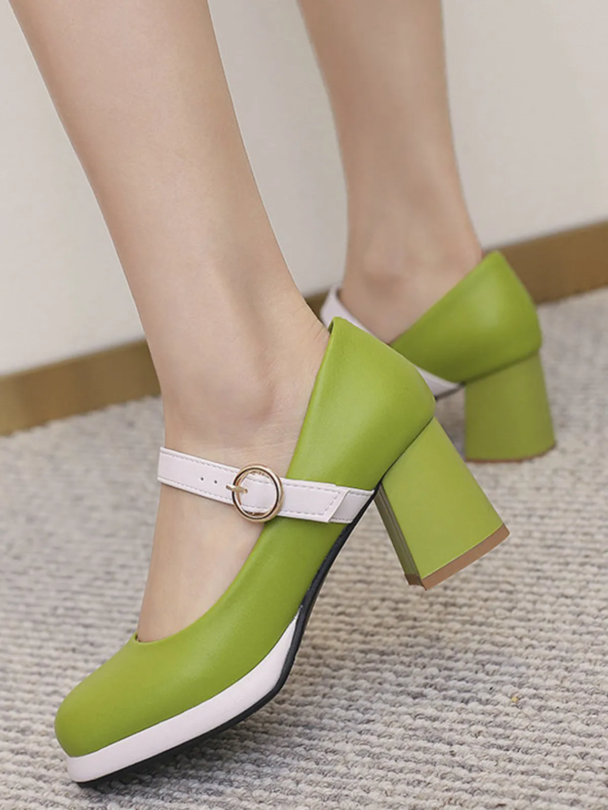 New Retro Stage Vintage PU Round Toe Mary Janes Chunky Heels