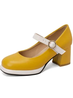 New Retro Stage Vintage PU Round Toe Mary Janes Chunky Heels
