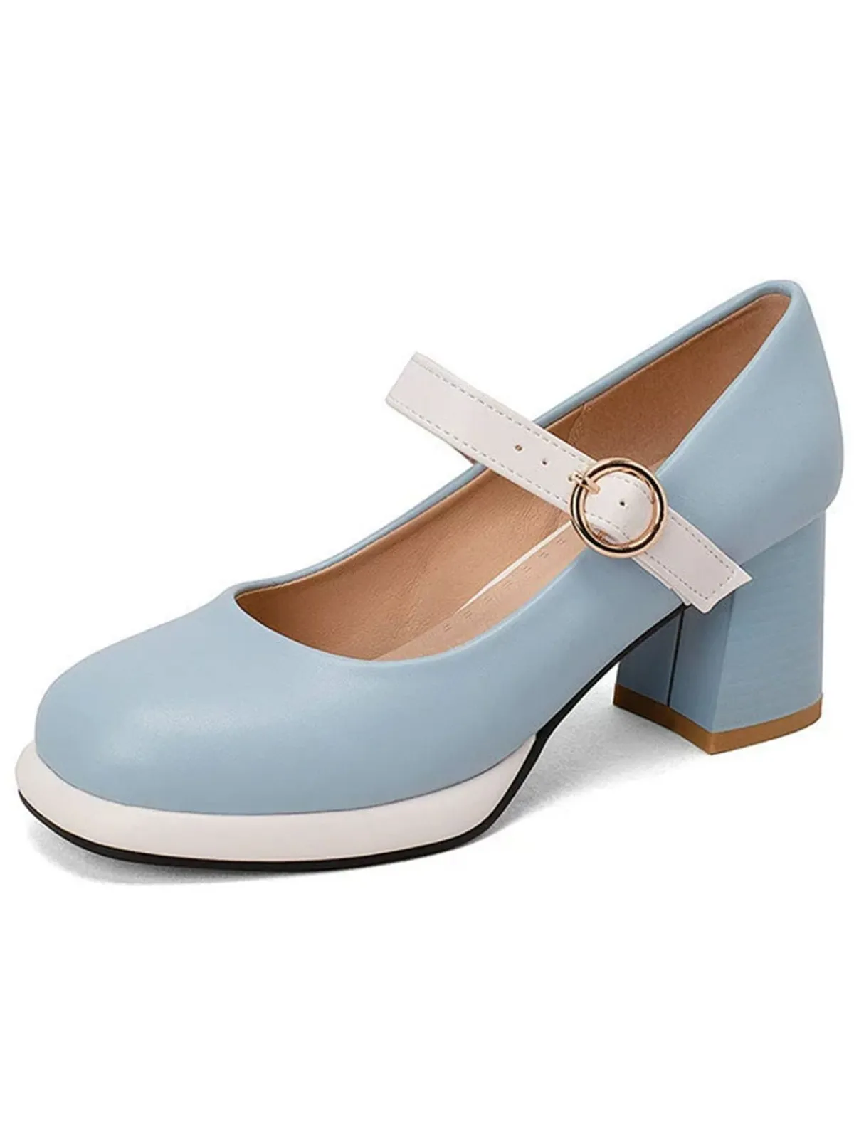 New Retro Stage Vintage PU Round Toe Mary Janes Chunky Heels