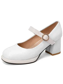 New Retro Stage Vintage PU Round Toe Mary Janes Chunky Heels