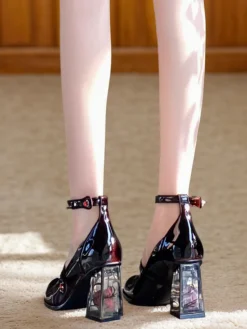 New Retro Stage Vintage Rose Mary Jane Patent Leather High Heels Wine Red