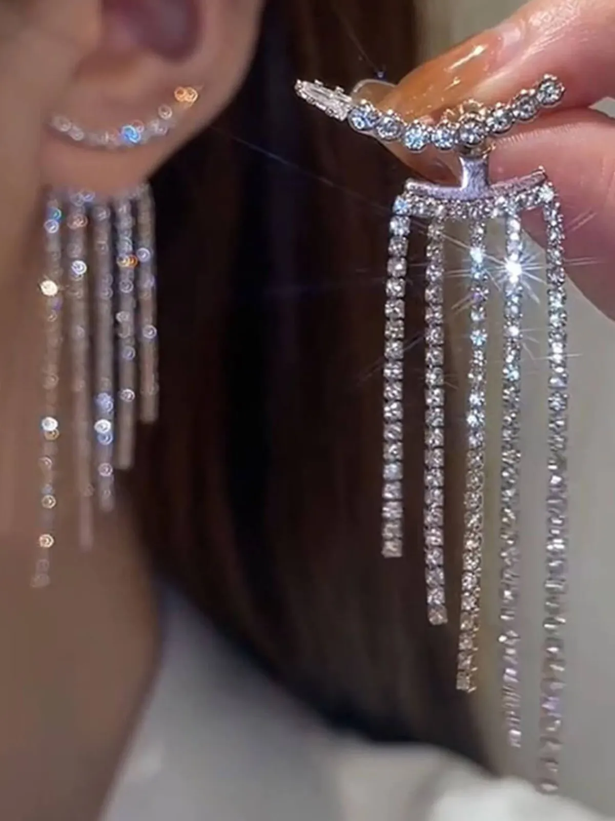 New Retro Stage Vintage Silver Tassel Rhinestone Earrings