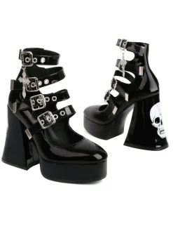 New Retro Stage Vintage Skull Steampunk Gothic High Heel Shoes Black