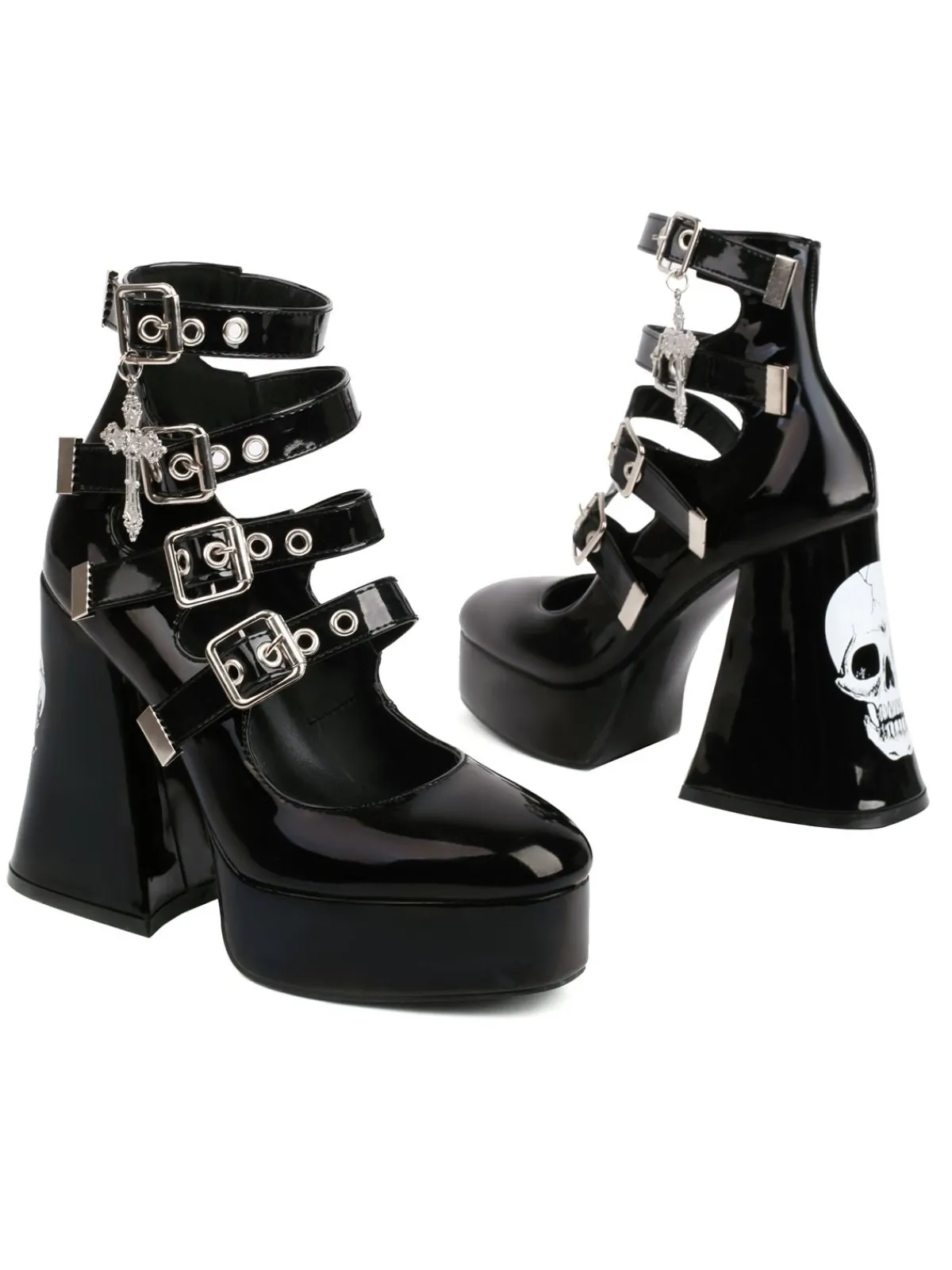 New Retro Stage Vintage Skull Steampunk Gothic High Heel Shoes Black