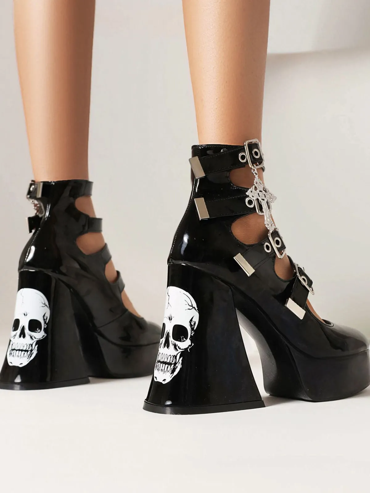 New Retro Stage Vintage Skull Steampunk Gothic High Heel Shoes Black